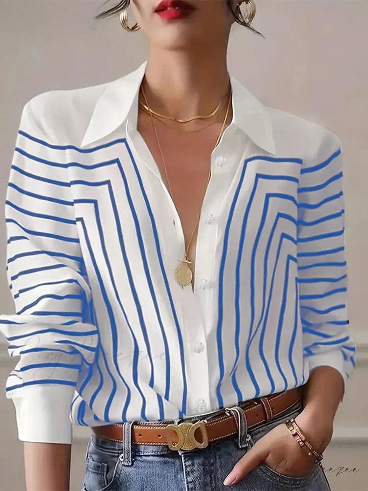 Striped Printed Crew-neck Office-ready Blouse Blue / S blouse-250126