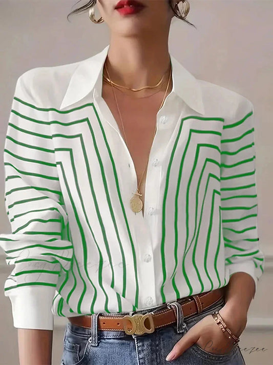 Striped Printed Crew-neck Office-ready Blouse Green / S blouse-250126