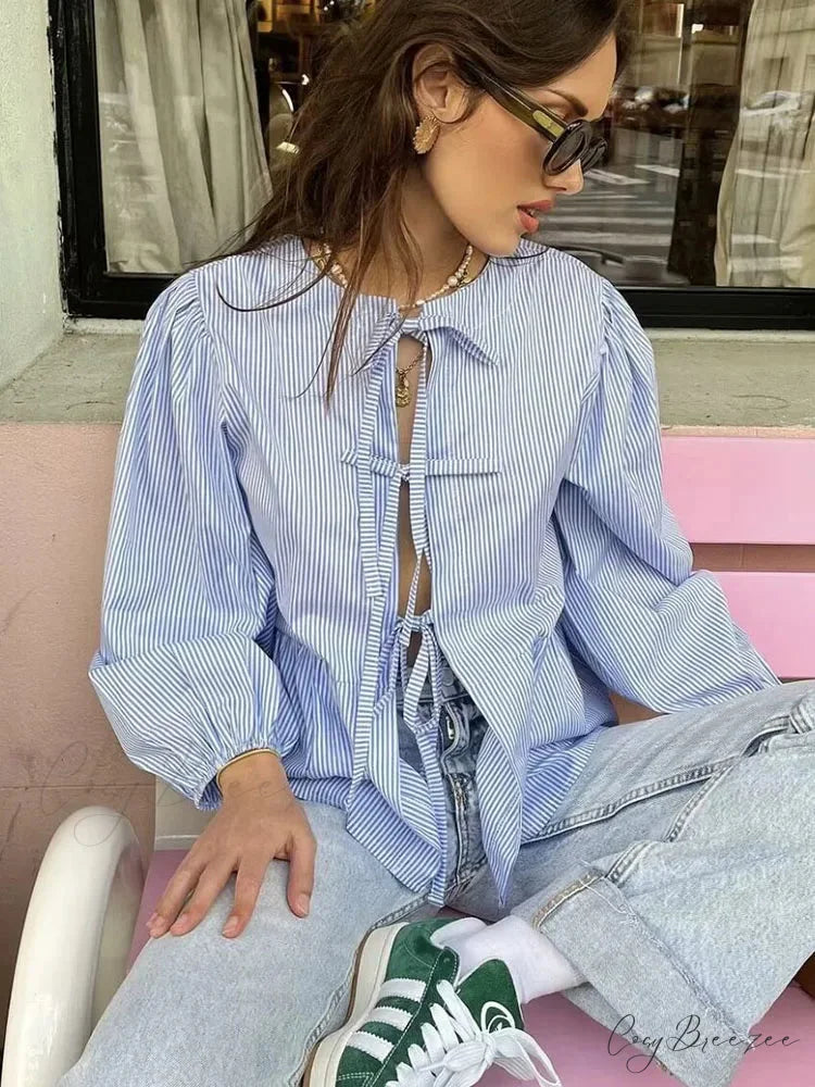 Striped Puff Sleeve Vacation Blouse blouse-250223