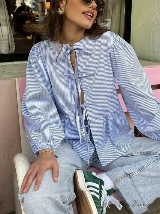 Striped Puff Sleeve Vacation Blouse blouse-250223