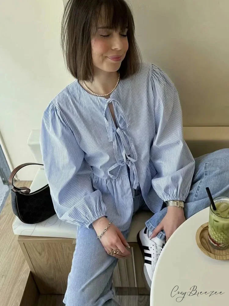 Striped Puff Sleeve Vacation Blouse blouse-250223