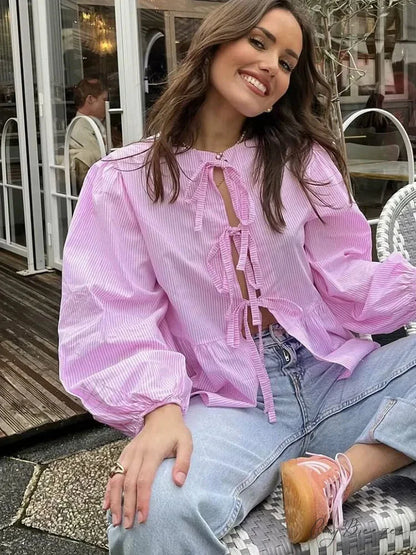 Striped Puff Sleeve Vacation Blouse PINK / S blouse-250223