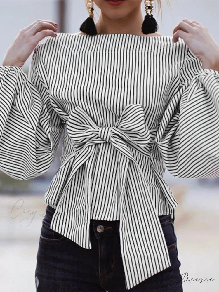 Striped Puffy Sleeve Crew-neck Relaxed Blouse Black / S blouse-250126