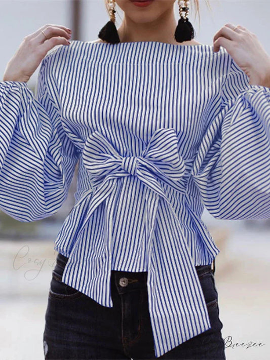 Striped Puffy Sleeve Crew-neck Relaxed Blouse Blue / S blouse-250126