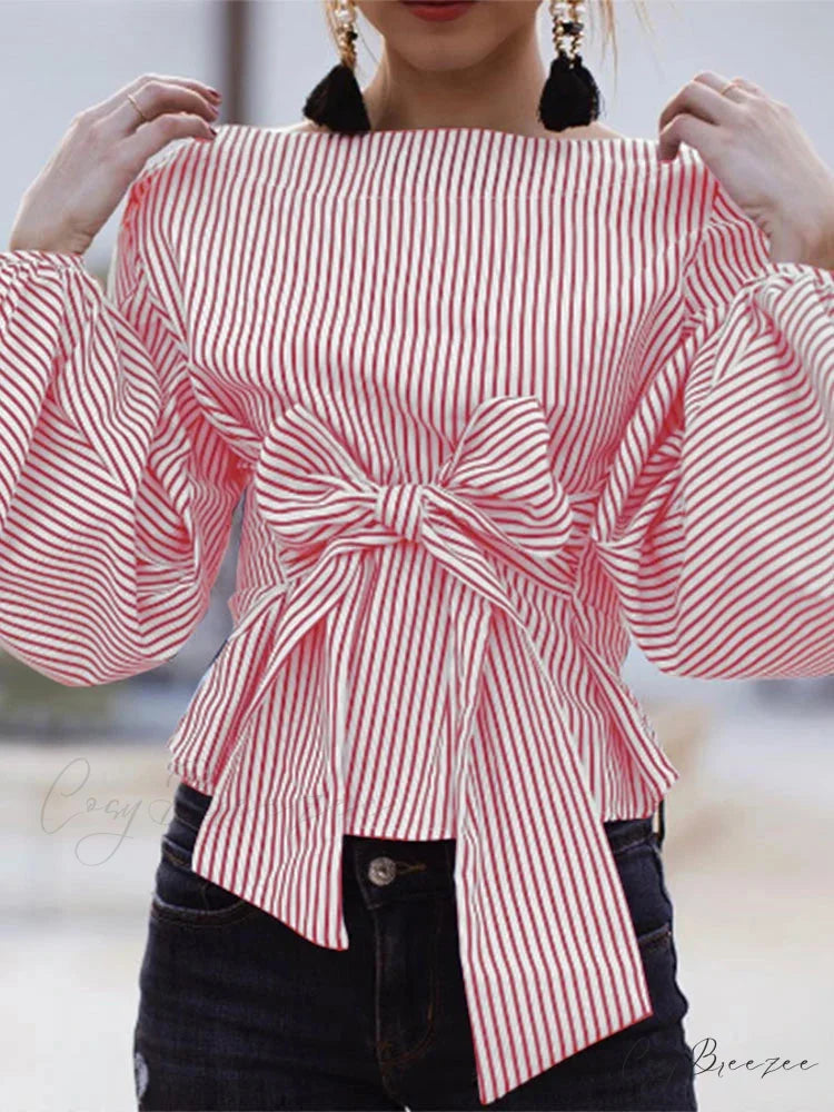 Striped Puffy Sleeve Crew-neck Relaxed Blouse Red / S blouse-250126