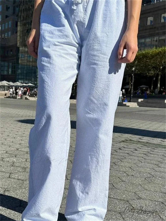 Striped Pull-Tie Relaxed Straight Summer Pant BLUE / S pant-250223