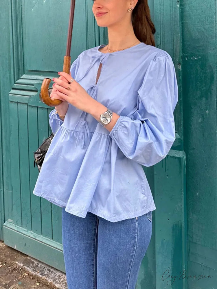 Striped Relaxed Fit Lace-up Crew-neck Blouse blouse-250126
