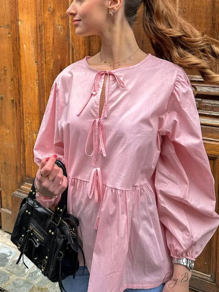 Striped Relaxed Fit Lace-up Crew-neck Blouse blouse-250126