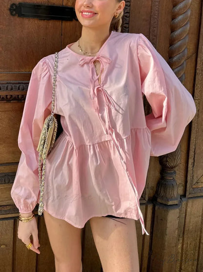 Striped Relaxed Fit Lace-up Crew-neck Blouse blouse-250126