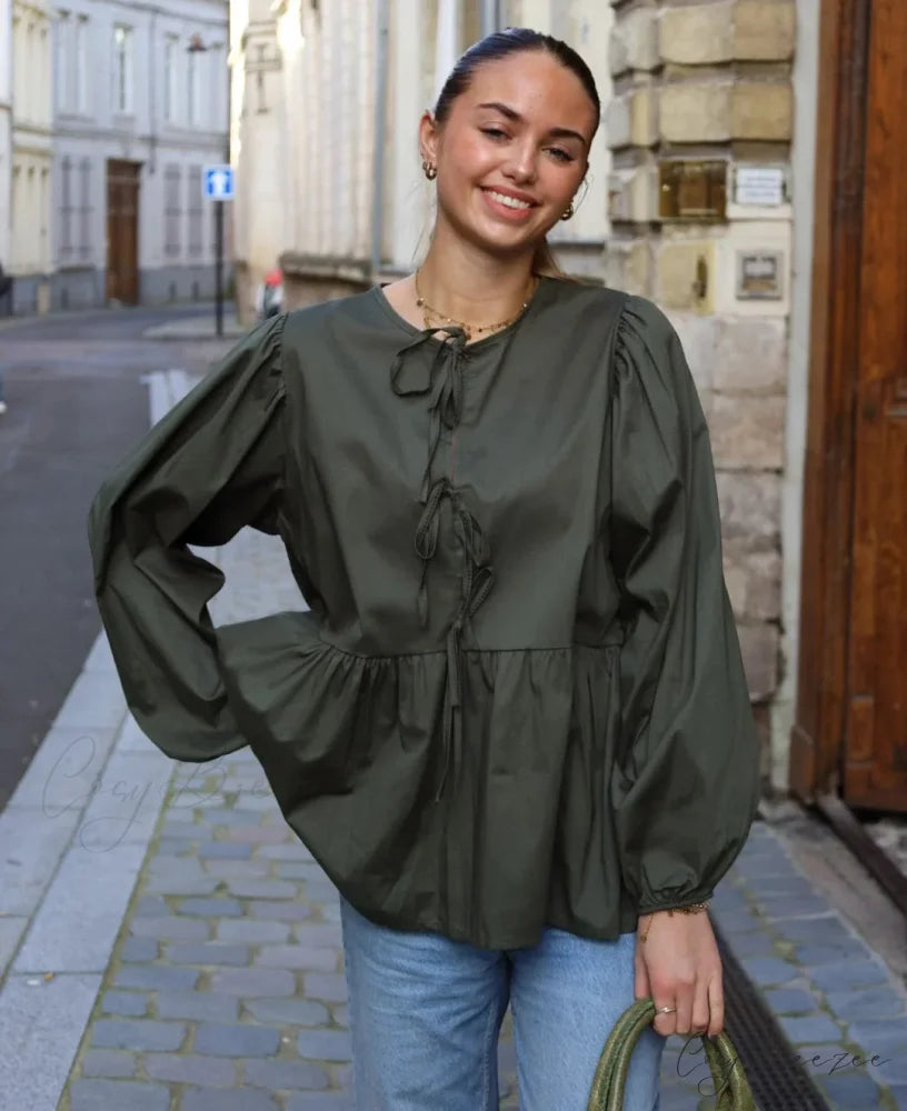 Striped Relaxed Fit Lace-up Crew-neck Blouse Dark Green / S blouse-250126