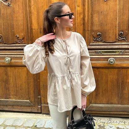 Striped Relaxed Fit Lace-up Crew-neck Blouse Khaki / S blouse-250126