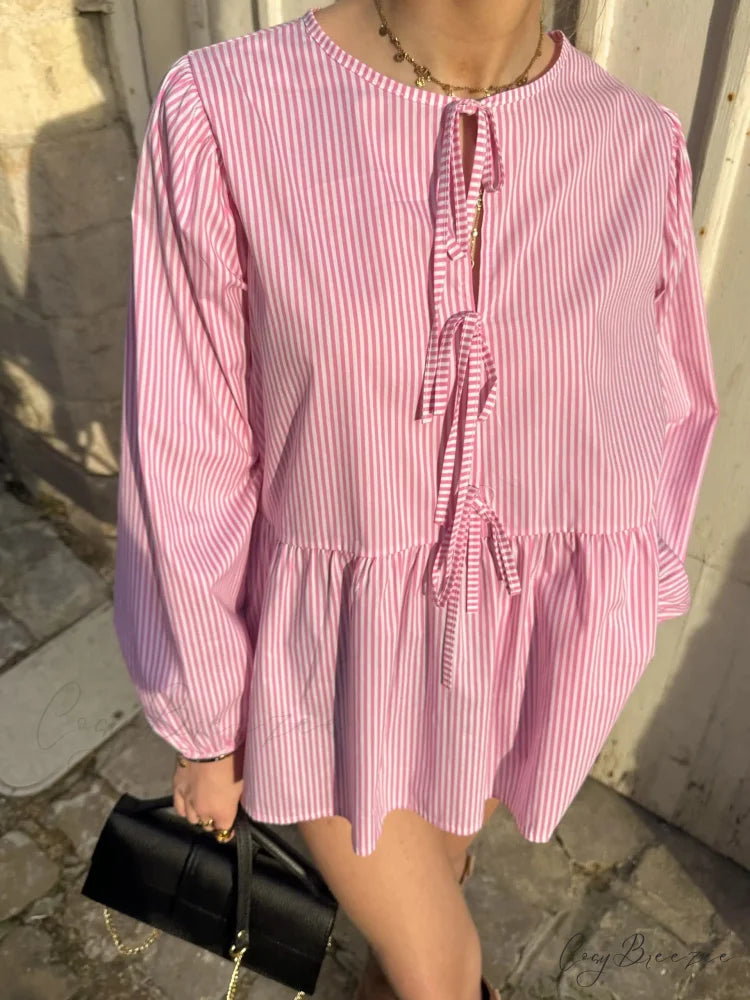 Striped Relaxed Fit Lace-up Crew-neck Blouse pink / S blouse-250126