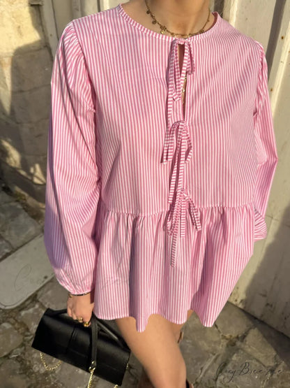 Striped Relaxed Fit Lace-up Crew-neck Blouse pink / S blouse-250126