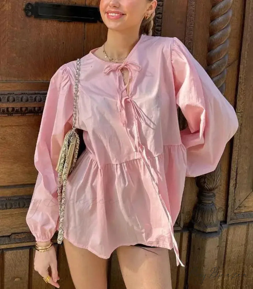 Striped Relaxed Fit Lace-up Crew-neck Blouse Pink / S blouse-250126
