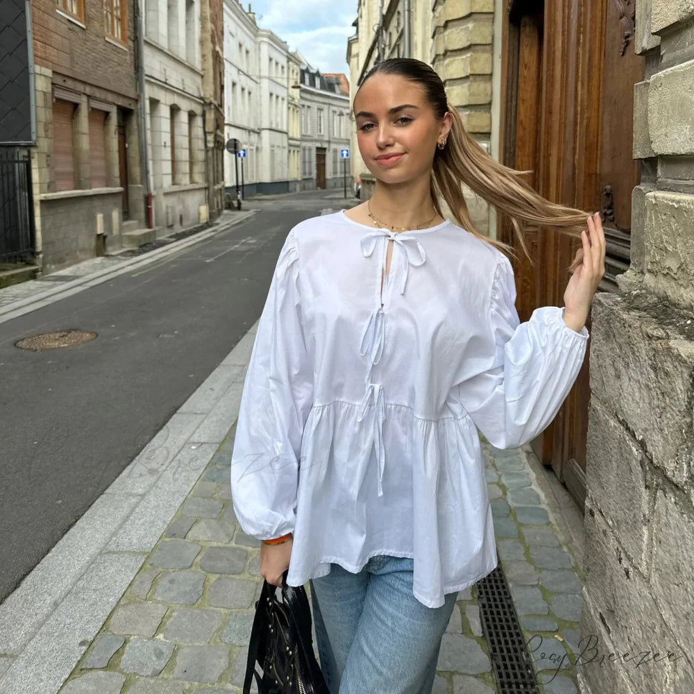 Striped Relaxed Fit Lace-up Crew-neck Blouse WHITE / S blouse-250126