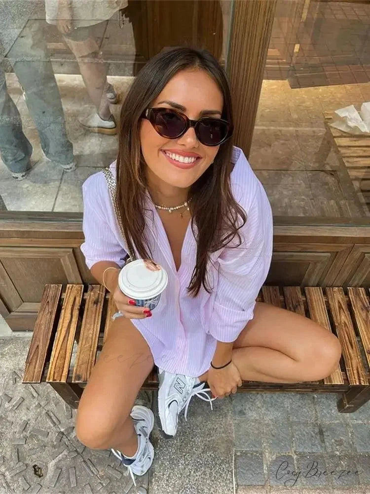 Striped Relaxed Office Shirt Pink / S blouse-250223