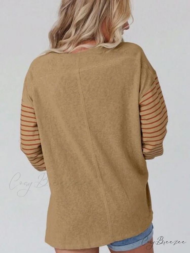 Striped Round Long T-Shirt and Neck Arm with Slit
