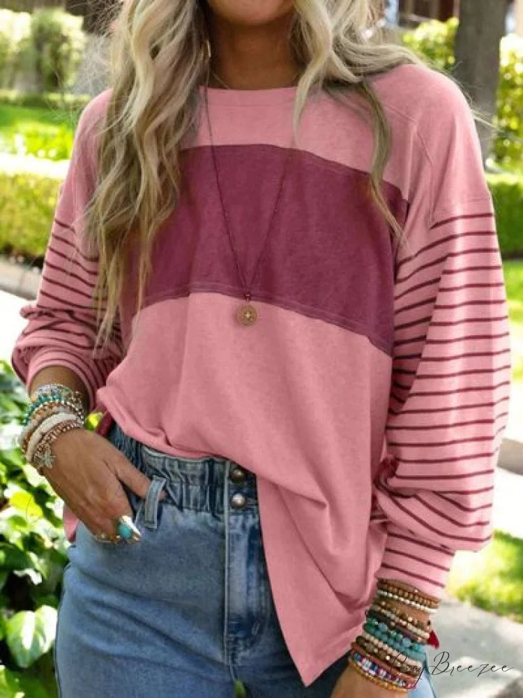 Striped Round Long T-Shirt and Neck Arm with Slit