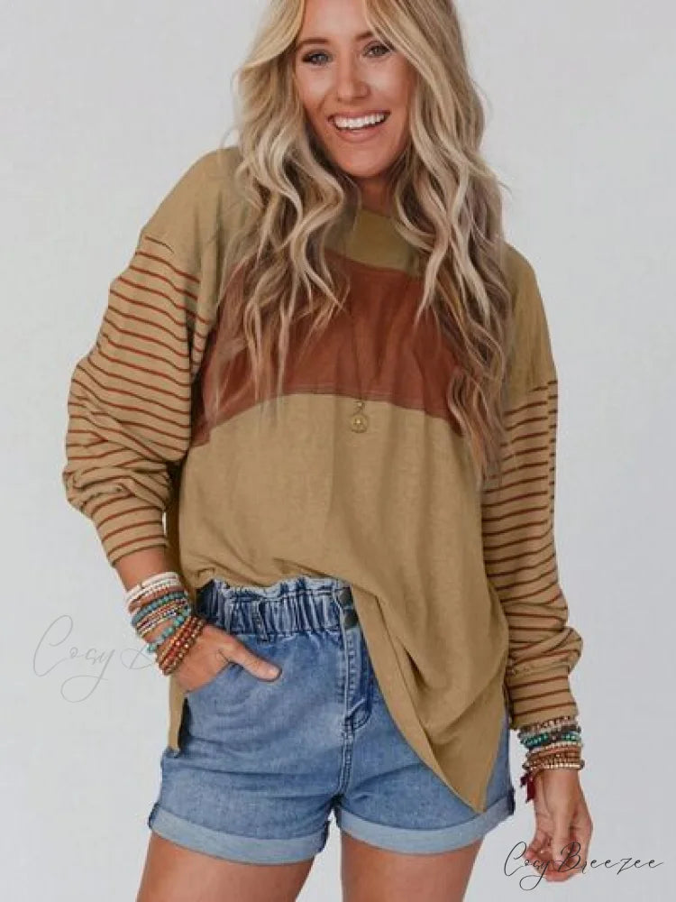 Striped Round Long T-Shirt and Neck Arm with Slit
