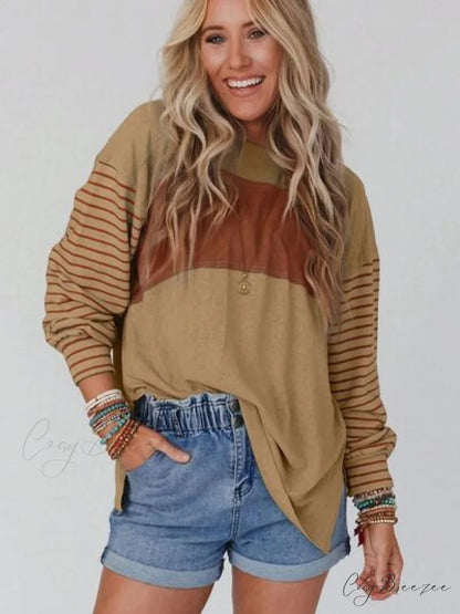 Striped Round Long T-Shirt and Neck Arm with Slit