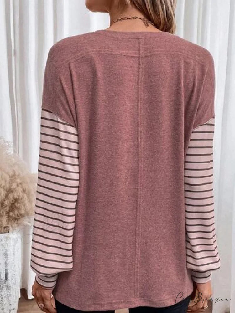 Striped Round Long T-Shirt and Neck Arm with Slit