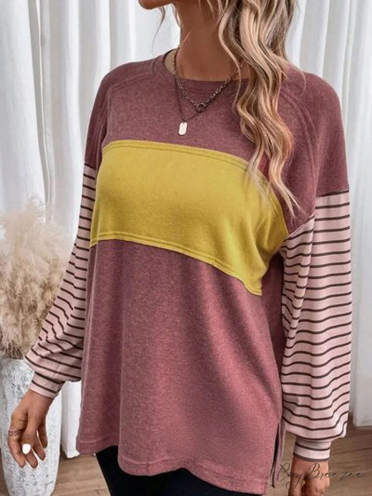 Striped Round Long T-Shirt and Neck Arm with Slit