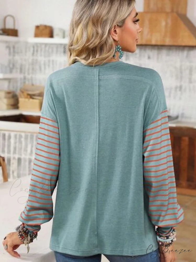 Striped Round Long T-Shirt and Neck Arm with Slit