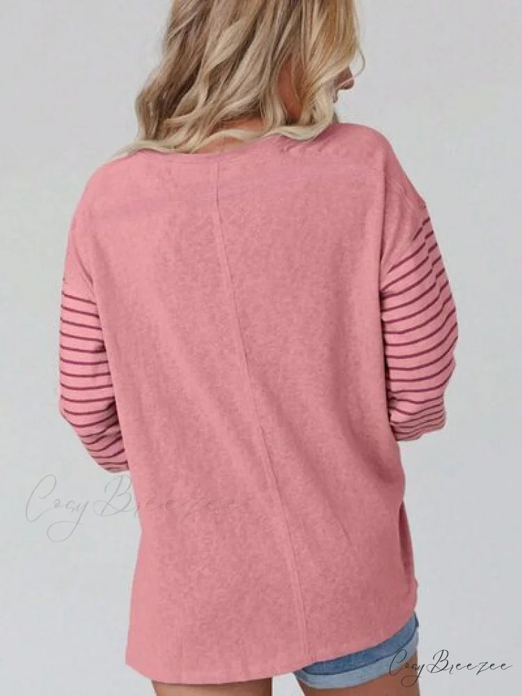 Striped Round Long T-Shirt and Neck Arm with Slit