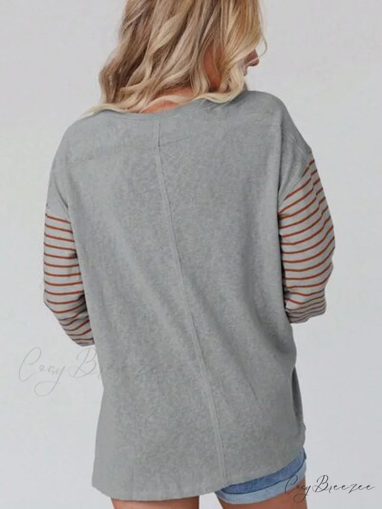 Striped Round Long T-Shirt and Neck Arm with Slit