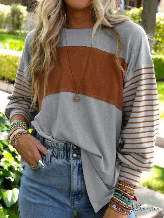 Striped Round Long T-Shirt and Neck Arm with Slit Heather Gray / S