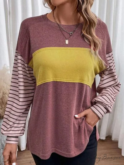 Striped Round Long T-Shirt and Neck Arm with Slit Light Mauve / S