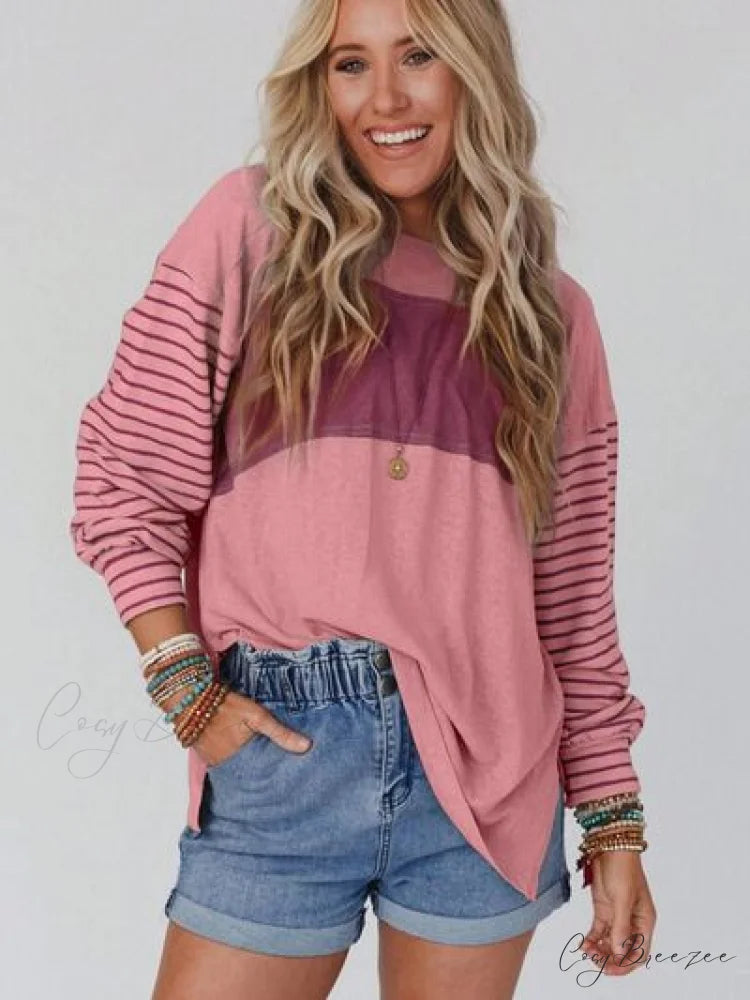 Striped Round Long T-Shirt and Neck Arm with Slit Moonlit Mauve / S