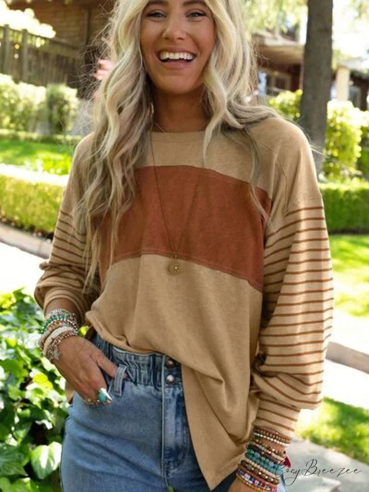 Striped Round Long T-Shirt and Neck Arm with Slit Tan / S