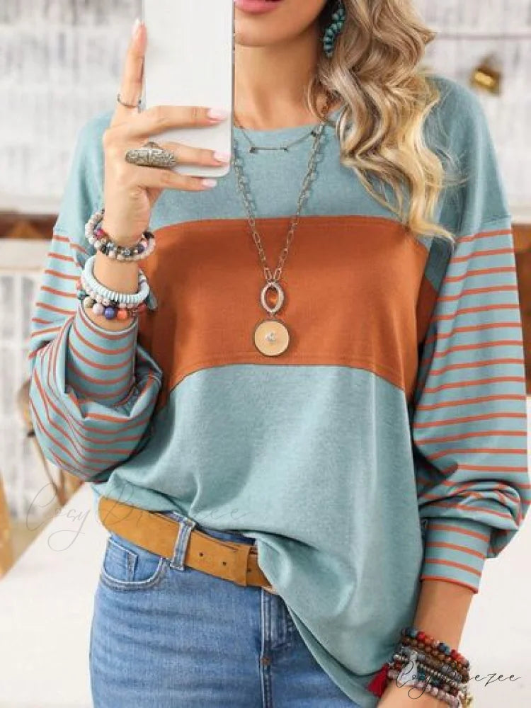 Striped Round Long T-Shirt and Neck Arm with Slit Turquoise / S