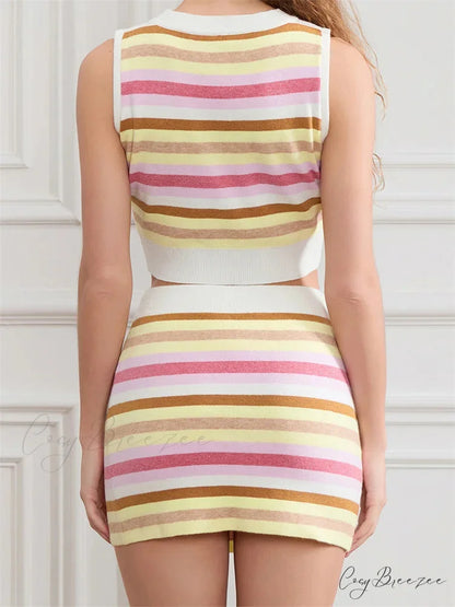 Striped Round Neck Sleeveless Cropped Tank Top with Skirt Set twopiecesset-250126