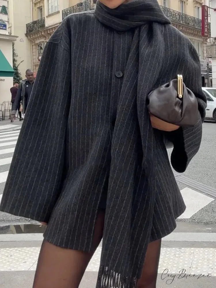 Striped Scarf Collar Relaxed Wool Coat Dark Gray / S overcoats-241228