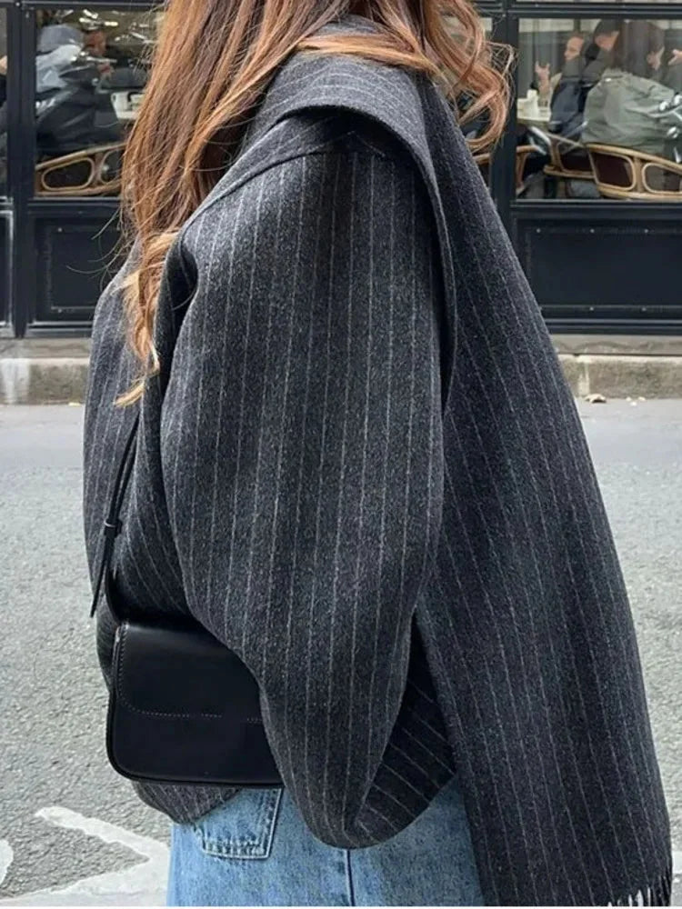 Striped Scarf Collar Relaxed Wool Coat overcoats-241228