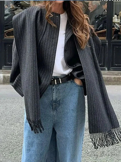Striped Scarf Collar Relaxed Wool Coat overcoats-241228
