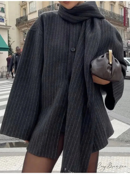 Striped Scarf Collar Relaxed Wool Coat overcoats-241228