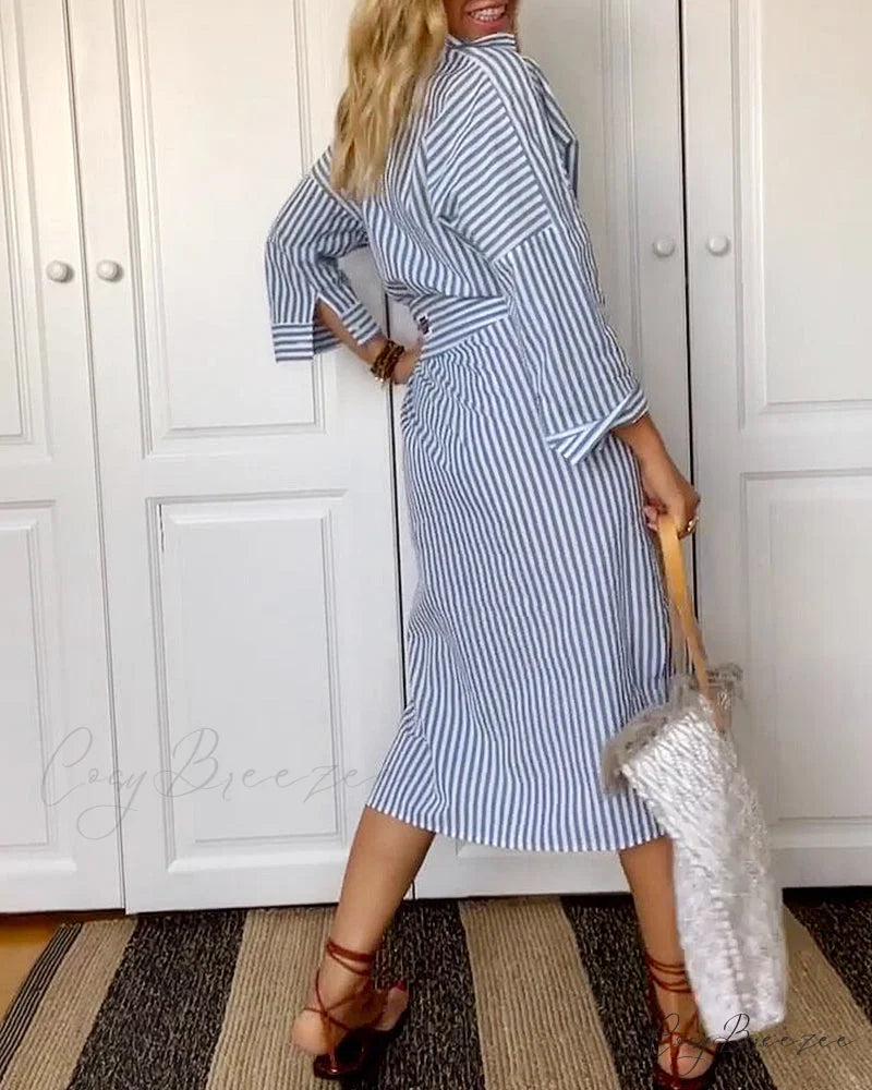 Striped shirt dress with waist belt