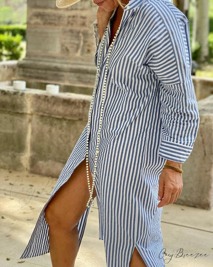 Striped shirt dress with waist belt