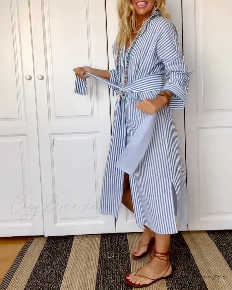 Striped shirt dress with waist belt