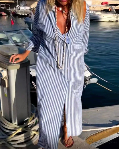 Striped shirt dress with waist belt