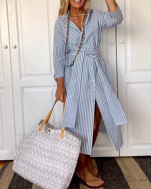 Striped shirt dress with waist belt Blue / S