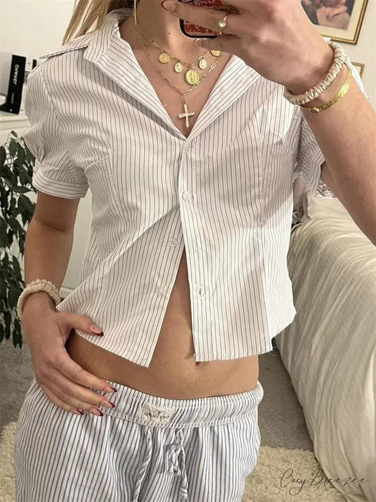 Striped Short Sleeve Button Closure Shirt white / S blouse-250223