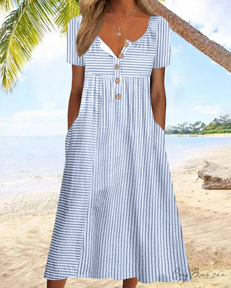 Striped Short Sleeve Dress Blue / S