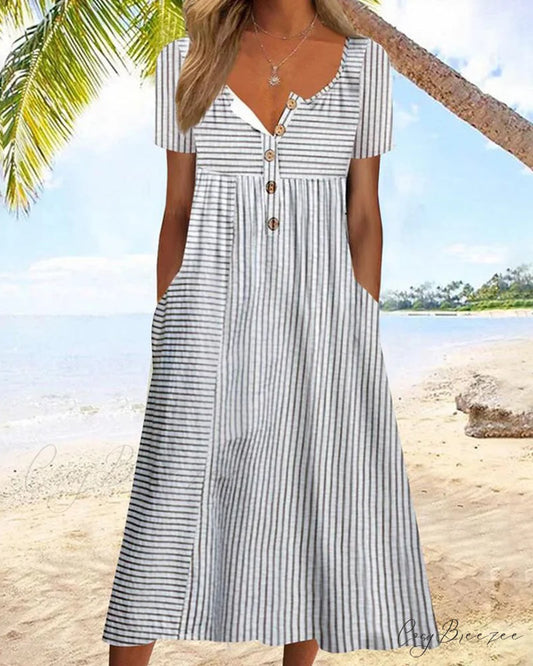 Striped Short Sleeve Dress Gray / S
