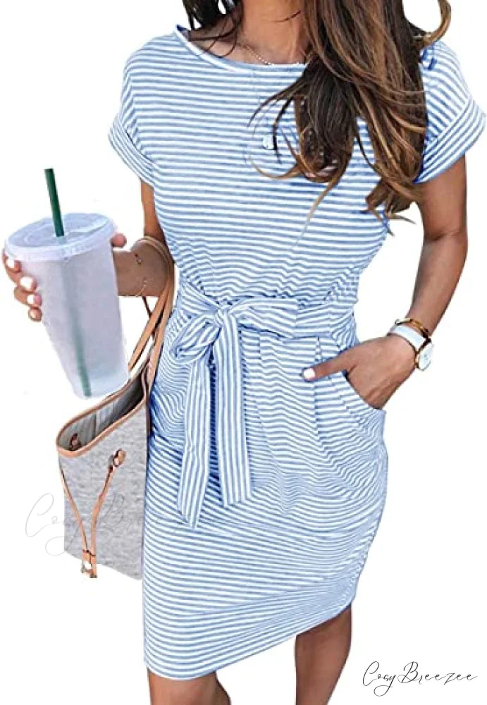 Striped Short Sleeve T Shirt Dress with Tie Waist and Pockets S / Gray