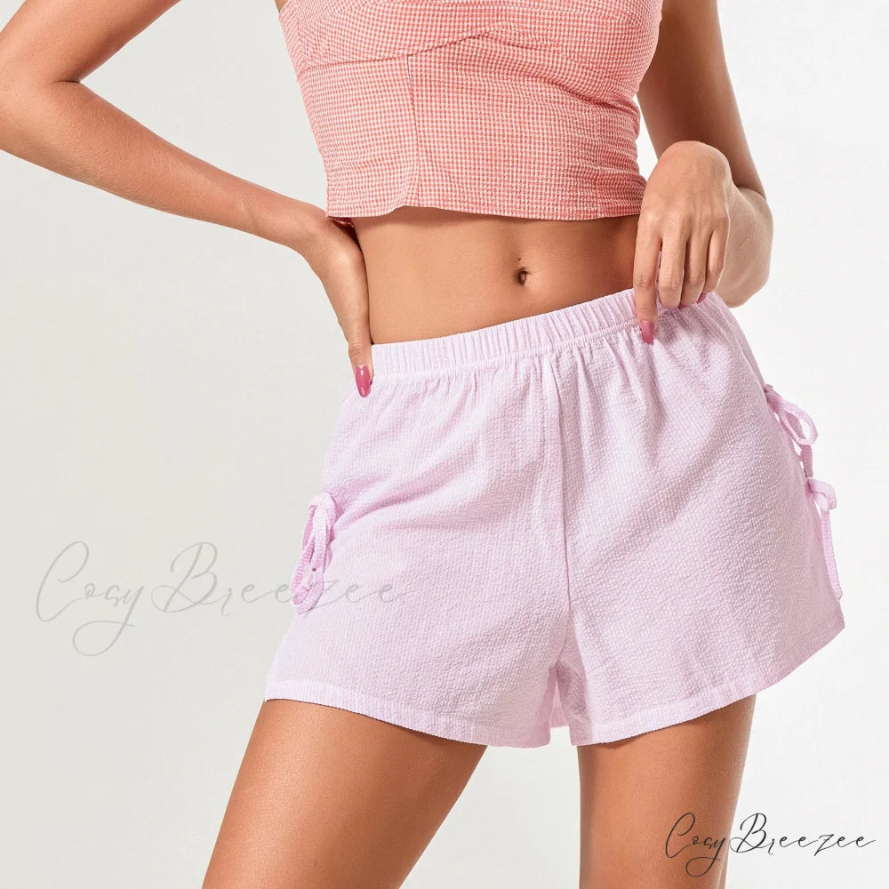 Striped Side Slit Bow Shorts Pink / S short-250223