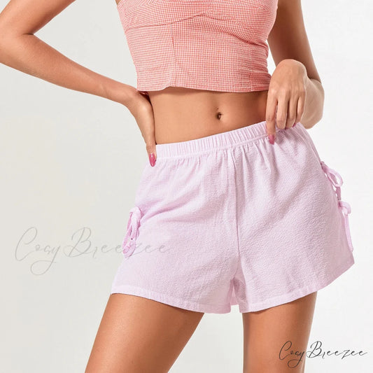 Striped Side Slit Bow Shorts Pink / S short-250223